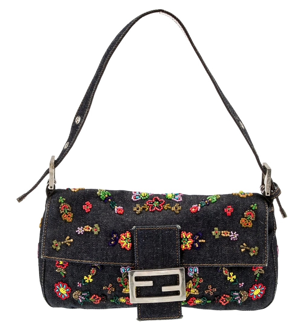 Fendi Floral Beaded Denim Baguette
